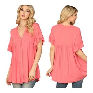 Boutique coral ruffle sleeve tunic top